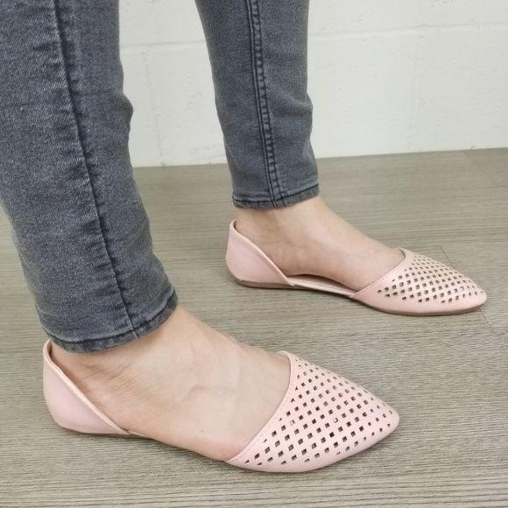 Pointed Toe Perforated Faux Leather Pink Flats - Picture 7 of 8